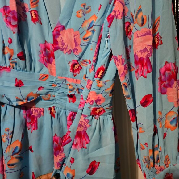 Fashion To Figure Sky Blue High-low Midi Dress W Pink Floral Design Plus Size 0 - Picture 6 of 11